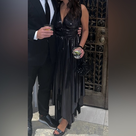 Norma Kamali Goddess Asymmetric Pleated Metallic Dress - Gunmetal - Picture 6 of 6